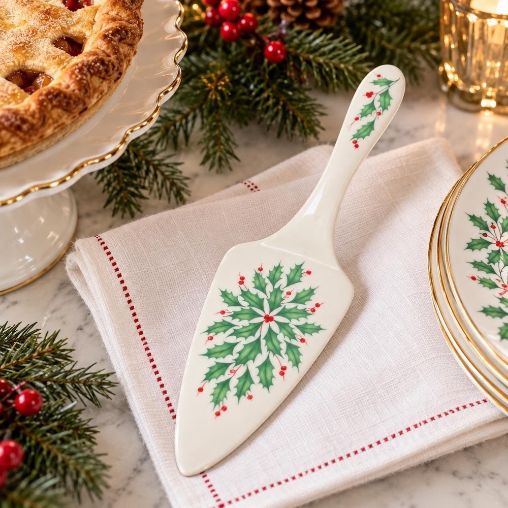 Vintage Lenox Holiday Cake Pie Server Porcelain Holly Berry Christmas Holiday